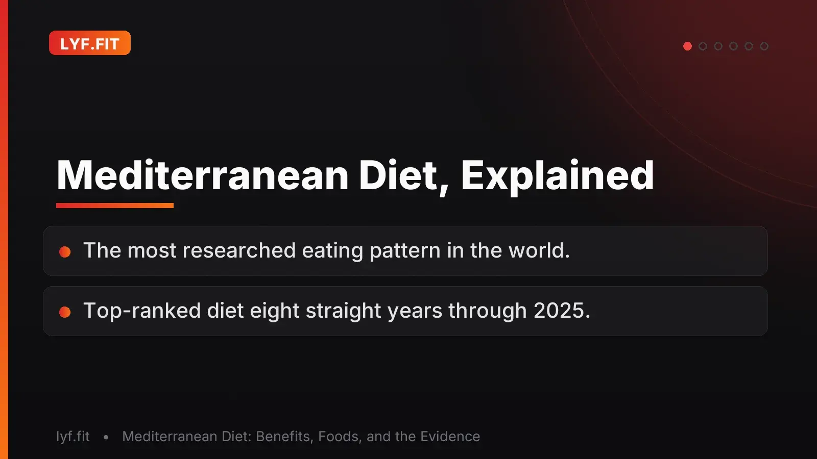 Title slide introducing the Mediterranean diet as the world's most researched eating pattern, top-ranked for eight consecutive years through 2025.