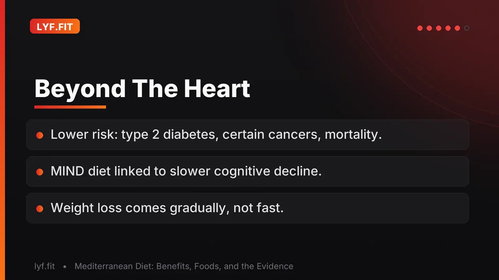 Slide showing benefits beyond heart health: lower observed risk of type 2 diabetes, certain cancers and all-cause mortality, plus the MIND diet's link to slower cognitive decline and gradual weight loss.