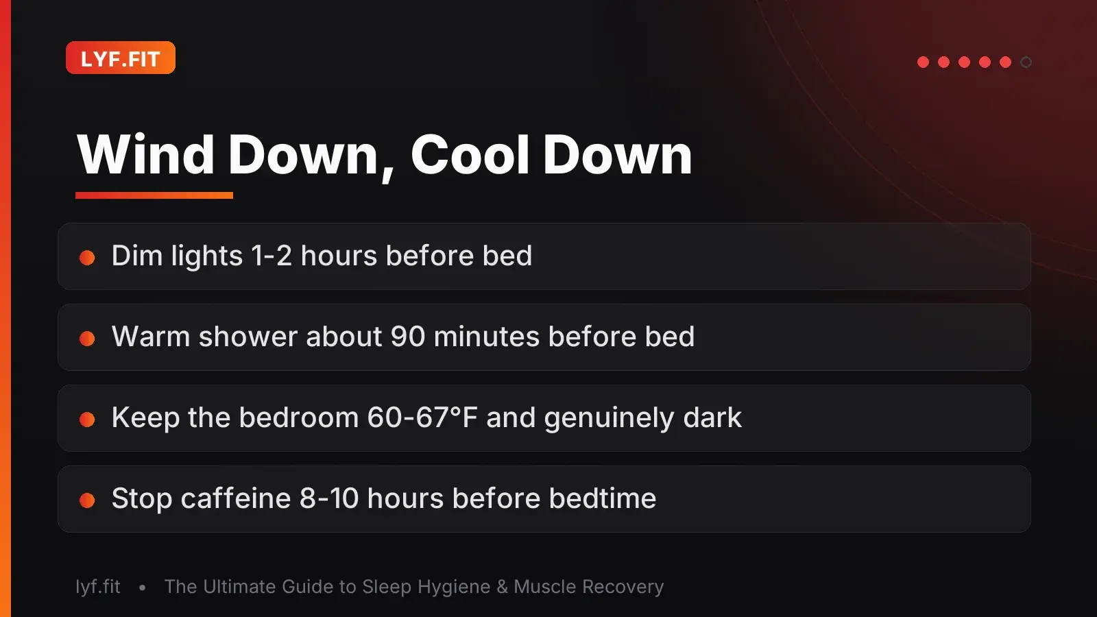 Slide combining wind-down and bedroom setup: dim lights one to two hours before bed, a warm shower ninety minutes prior, a 60 to 67 degree Fahrenheit dark room, and cutting caffeine 8 to 10 hours before bed.