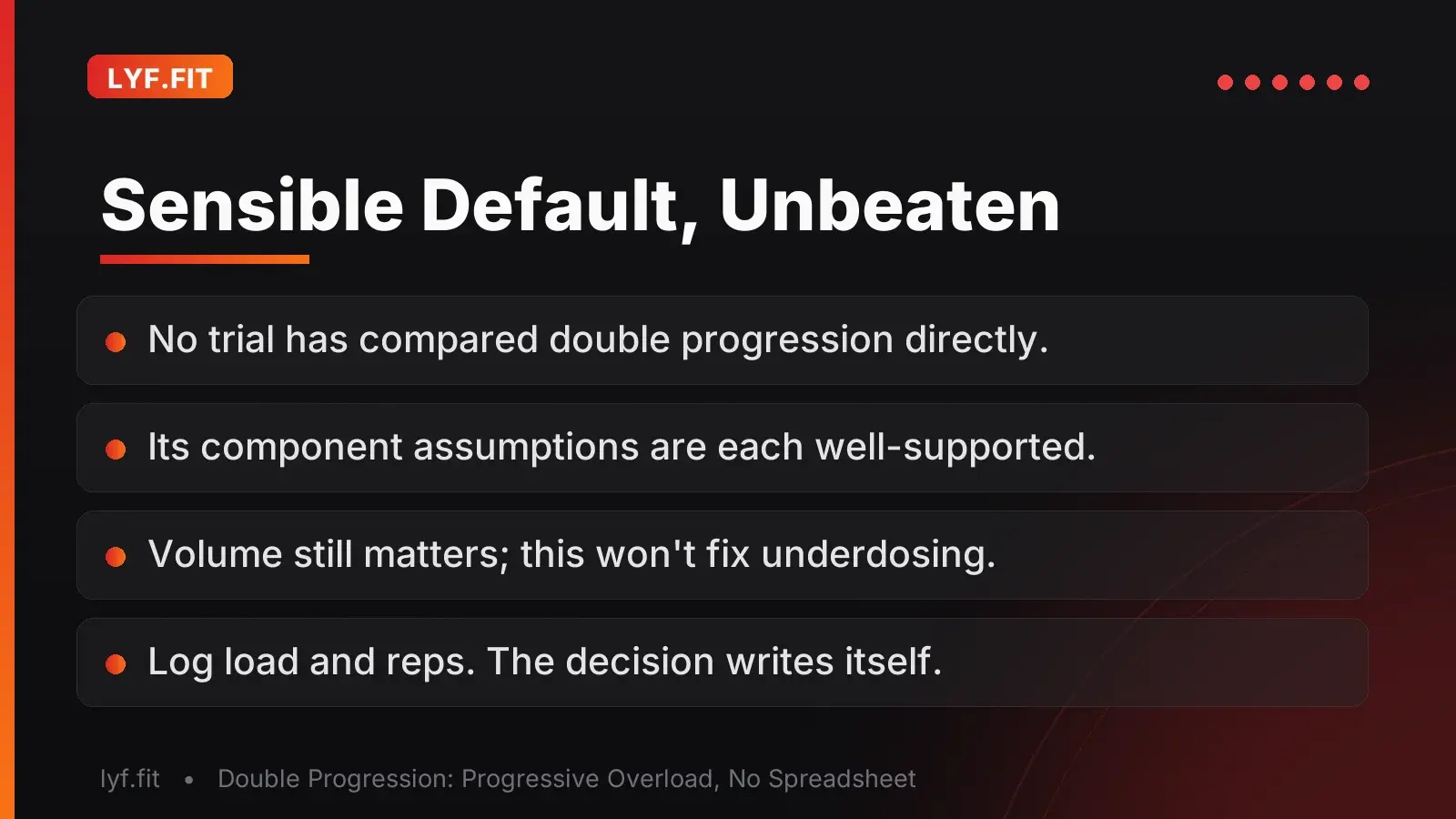 Takeaway slide noting double progression is untested head-to-head but built from well-supported parts, and requires consistent logging