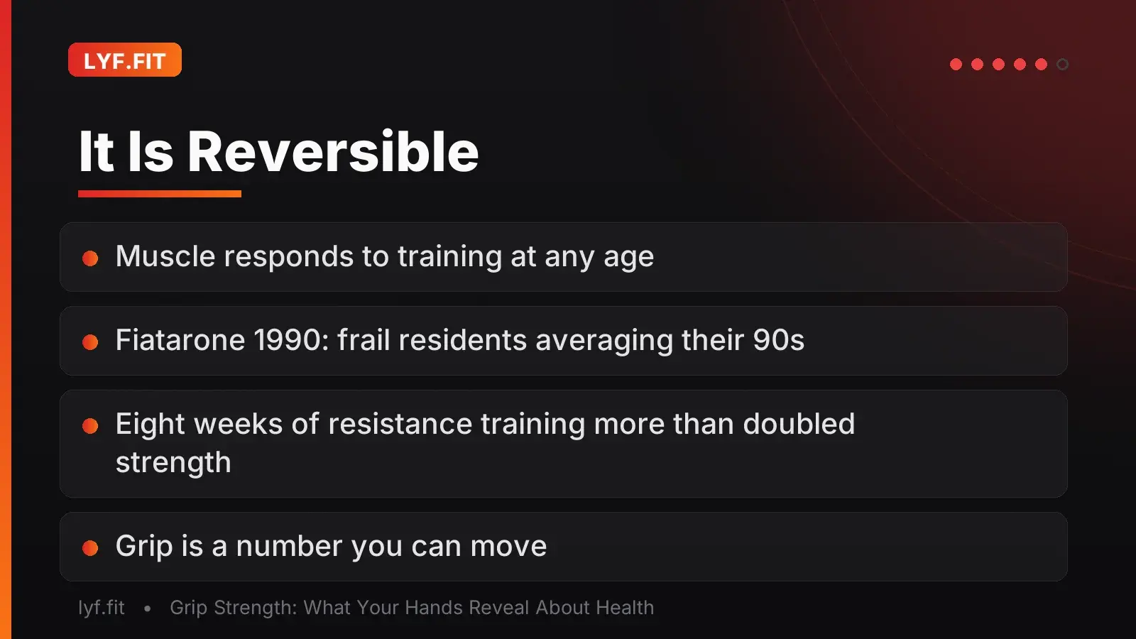 Slide showing that grip strength decline is largely reversible, citing a 1990 study of nursing-home residents in their 90s.