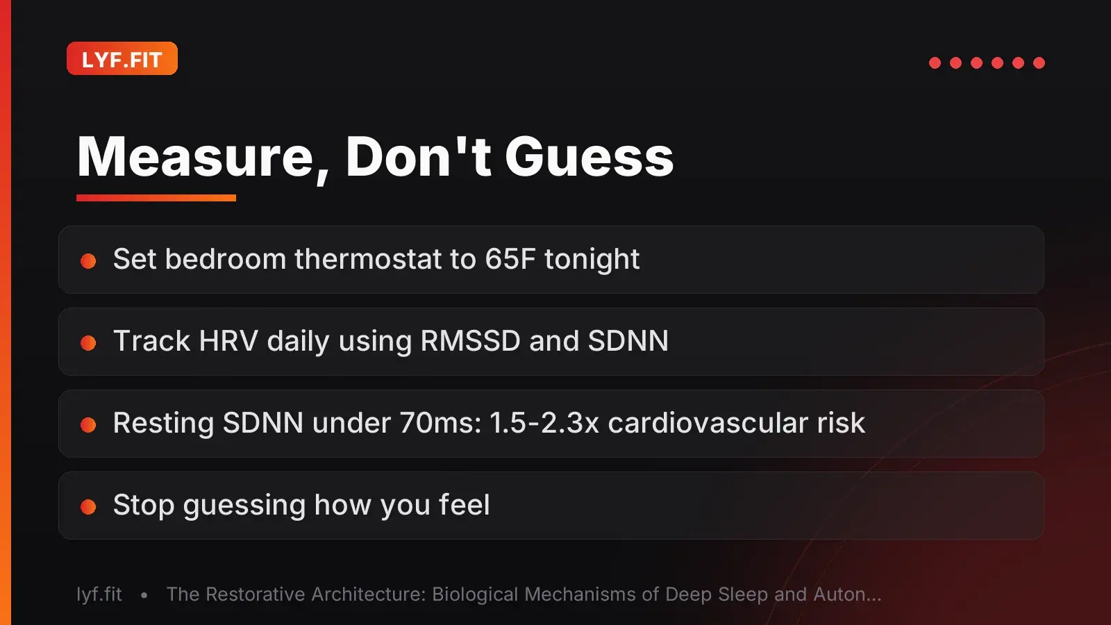Takeaway slide listing the restoration checklist and heart rate variability as the metric of success.