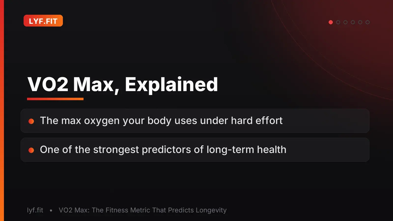 Title slide introducing VO2 max as the maximum rate of oxygen use during intense exercise and a leading predictor of long-term health.